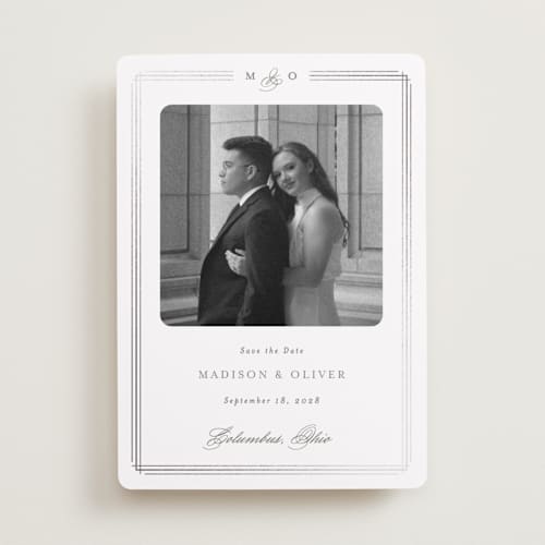 This is a cobblestone foil stamped save the date cards with foil pressed by Emily Betts called lines printing on recycled smooth signature in standard