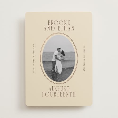 This is a buttercream foil stamped save the date cards with foil pressed by Angela Garrick called ethan printing on recycled smooth signature in standard