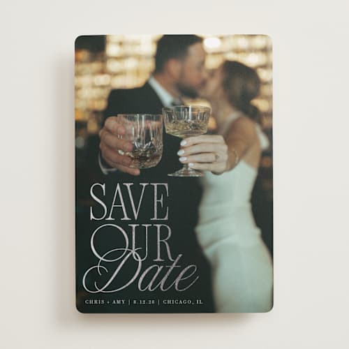 This is a dusk foil stamped save the date cards with foil pressed by Olivia Goree called celebration printing on recycled smooth signature in standard
