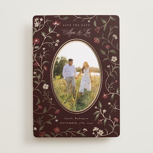 This is a wine foil stamped save the date cards with foil pressed by Elly called a gilded date printing on recycled smooth signature in standard
