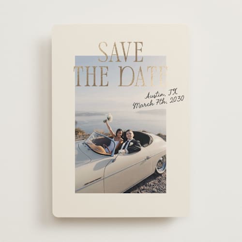 This is a vanilla foil stamped save the date cards with foil pressed by Creo Study called poster printing on recycled smooth signature in standard
