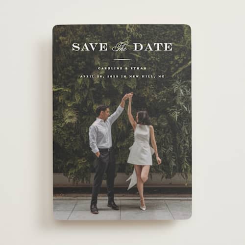 This is a gown save the date with standard by Carolyn MacLaren called proper printing on recycled smooth signature in standard
