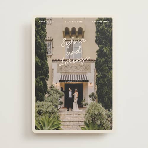 This is a cream save the date with standard by Ellen Schlegelmilch called sylvia printing on recycled smooth signature in standard