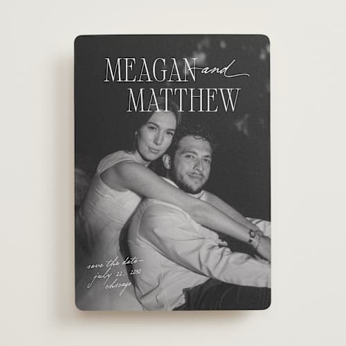 This is a pearl save the date with standard by Mellary Bitner called cover shot printing on recycled smooth signature in standard