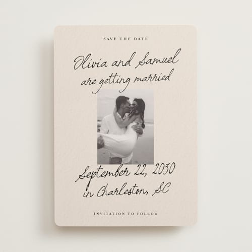 This is a linen save the date with standard by Kercia Jane called written in love printing on recycled smooth signature in standard