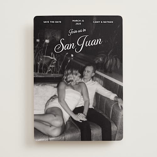 This is a snow save the date with standard by Inkblot Design called vintage trip printing on recycled smooth signature in standard