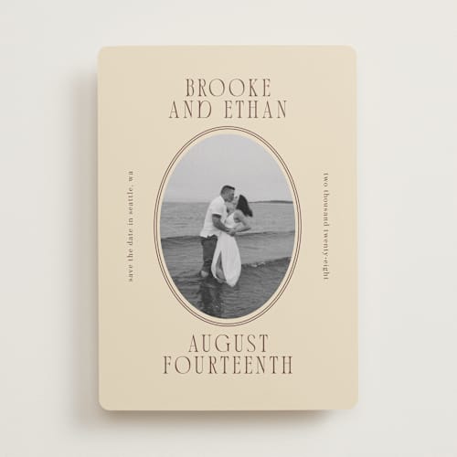 This is a buttercream save the date with standard by Angela Garrick called ethan printing on recycled smooth signature in standard