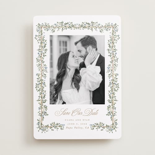 This is a lake save the date with standard by Leah Bisch called arbour printing on recycled smooth signature in standard