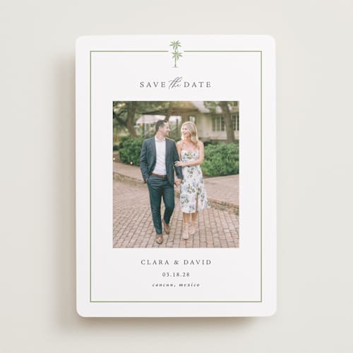 This is a leaf save the date with standard by Olivia Raufman called palm monogram printing on recycled smooth signature in standard