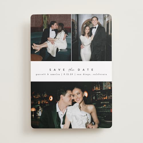 This is a frosting save the date with standard by Brianne Larsen called simple date printing on recycled smooth signature in standard