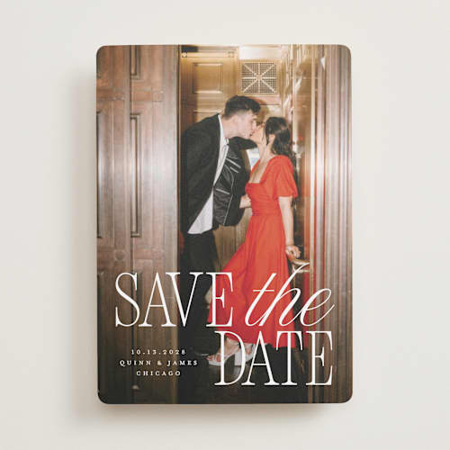 This is a snow save the date with standard by Pixel and Hank called love song printing on recycled smooth signature in standard