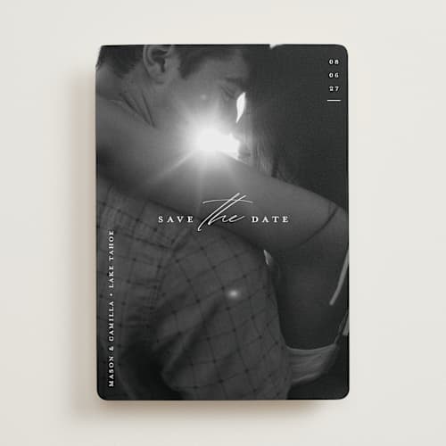 This is a pearl save the date with standard by Christie Garcia called focal printing on recycled smooth signature in standard