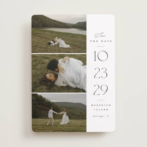 This is a cotton save the date with standard by Carolyn Nicks called elegant trio printing on recycled smooth signature in standard
