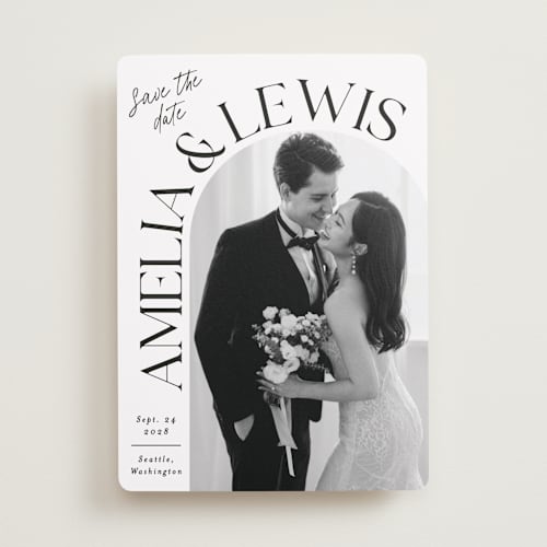 This is a ivory save the date with standard by Alethea and Ruth called side curve printing on recycled smooth signature in standard