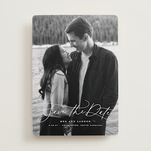 This is a snowfall save the date with standard by Lauren Chism called subtle rise printing on recycled smooth signature in standard