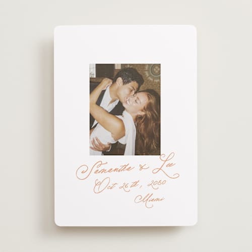 This is a peach save the date with standard by AK Graphics called flourishing printing on recycled smooth signature in standard