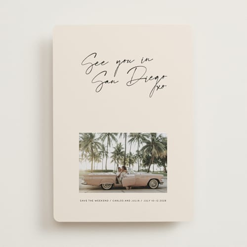 This is a mellow save the date with standard by Inkblot Design called heated printing on recycled smooth signature in standard