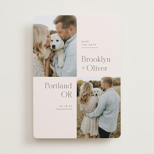 This is a latte save the date with standard by Kristie Kern called portland printing on recycled smooth signature in standard