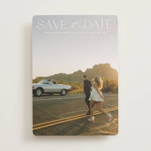 This is a ivory save the date with standard by Maja Cunningham called prose printing on recycled smooth signature in standard