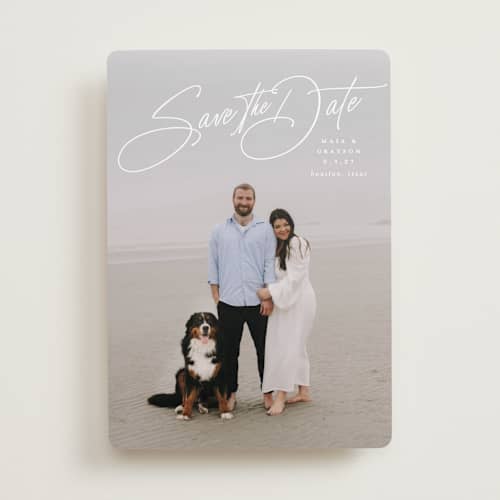 This is a snow save the date with standard by Lauren Chism called sweetest love printing on recycled smooth signature in 5x7