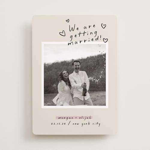 This is a nero save the date with standard by Pati Cascino called surprise! printing on recycled smooth signature in standard