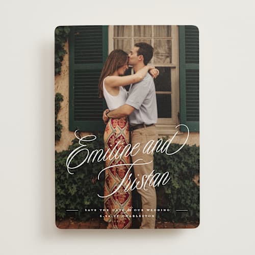 This is a cotton save the date with standard by Susan Zinader called sentimental script printing on recycled smooth signature in standard
