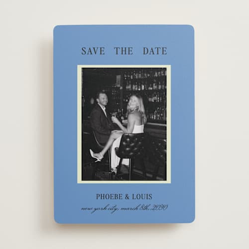 This is a cornflower save the date with standard by Ani Somi called blue save the date printing on recycled smooth signature in standard
