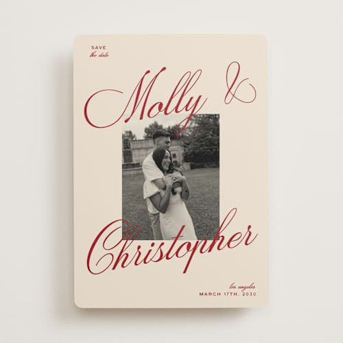 This is a burgundy save the date with standard by Ellen Schlegelmilch called vintage cinema printing on recycled smooth signature in standard