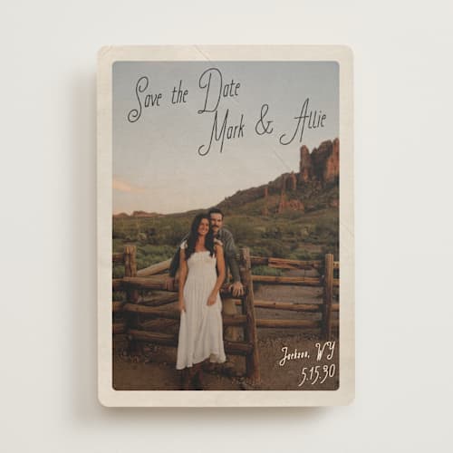 This is a midnight save the date with standard by Jenna Holcomb called vintage mail printing on recycled smooth signature in standard