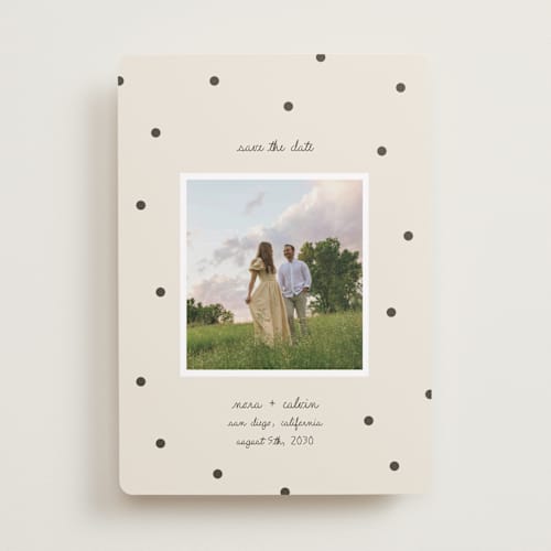 This is a cream save the date with standard by taylorVdesign called polka dots printing on recycled smooth signature in standard