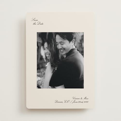 This is a graphite save the date with standard by Megan Davis called gimlet printing on recycled smooth signature in standard