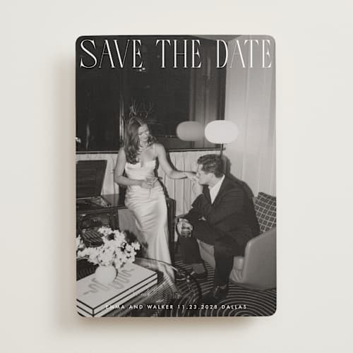 This is a snow save the date with standard by Maja Cunningham called classic timeless printing on recycled smooth signature in standard