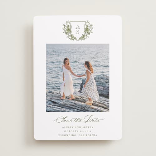 This is a moss save the date with standard by Cass Loh called watercolor flowers crest printing on recycled smooth signature in standard