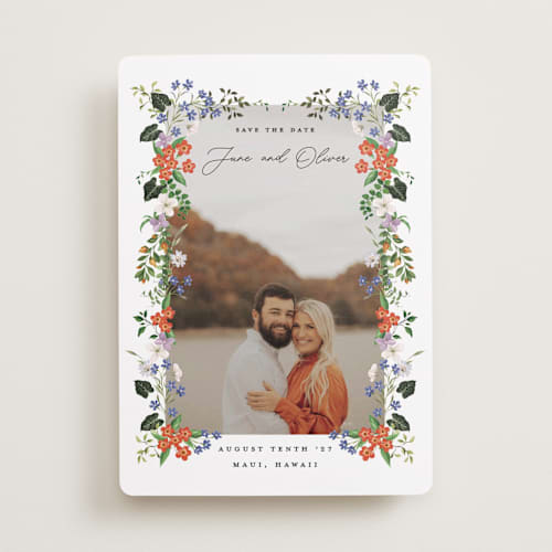 This is a lotus save the date with standard by Sarah Knight called tropicana printing on recycled smooth signature in standard