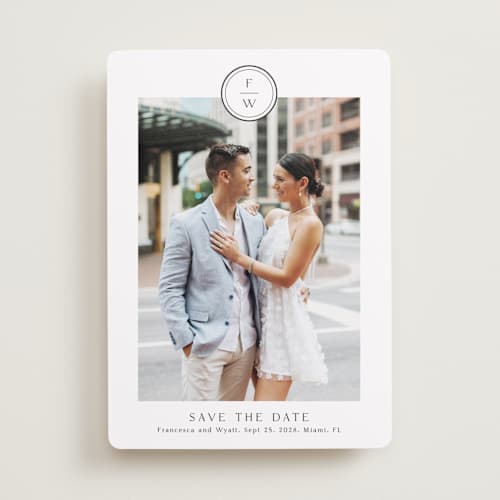 This is a cotton save the date with standard by Stacey Meacham called circle monogram printing on recycled smooth signature in standard