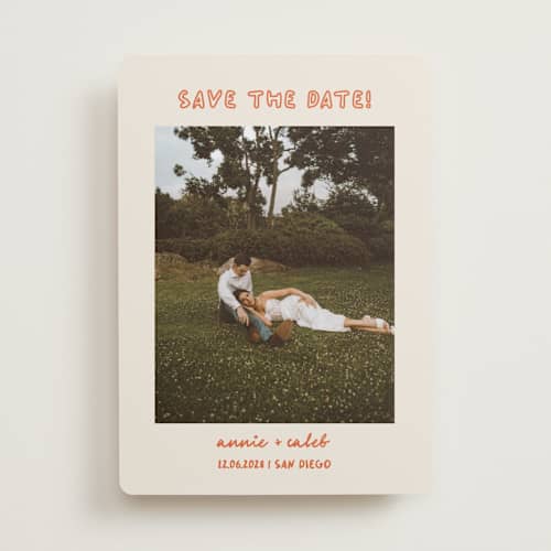 This is a hibiscus save the date with standard by Stephanie Heinrich Godbout called modern outline printing on recycled smooth signature in standard