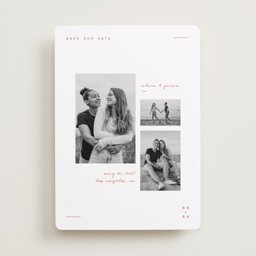 This is a verona sunset save the date with standard by Blustery August called alaia printing on recycled smooth signature in standard