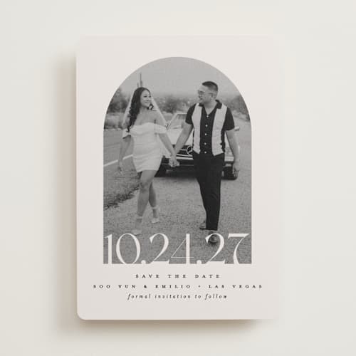 This is a latte save the date with standard by Brooke Chandler called era printing on recycled smooth signature in standard