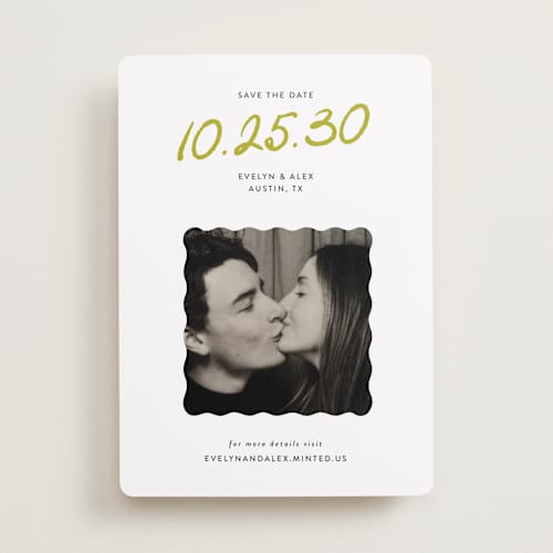 This is a chartreuse save the date with standard by Sarah Brown called cascade printing on recycled smooth signature in standard