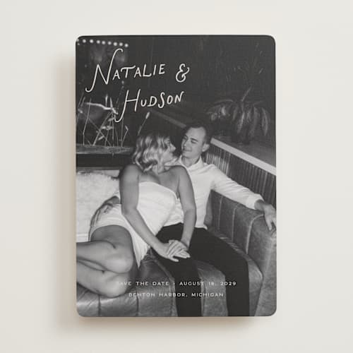 This is a buttercream save the date with standard by Pixel and Hank called lovers printing on recycled smooth signature in standard