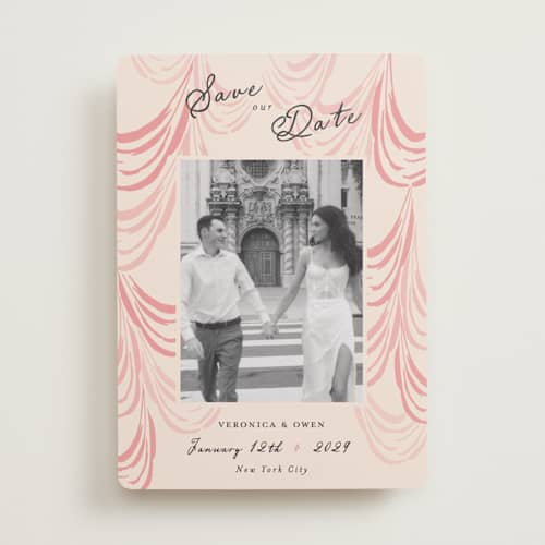 This is a blush save the date with standard by Sarah Rosenthal called velvet cherry printing on recycled smooth signature in standard