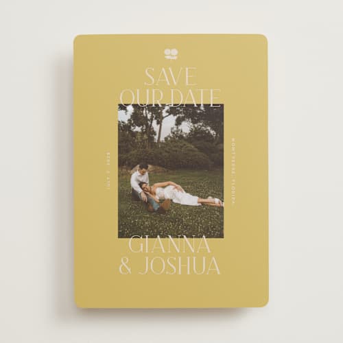 This is a summer citrus save the date with standard by Vera Lim called the gallery printing on recycled smooth signature in standard