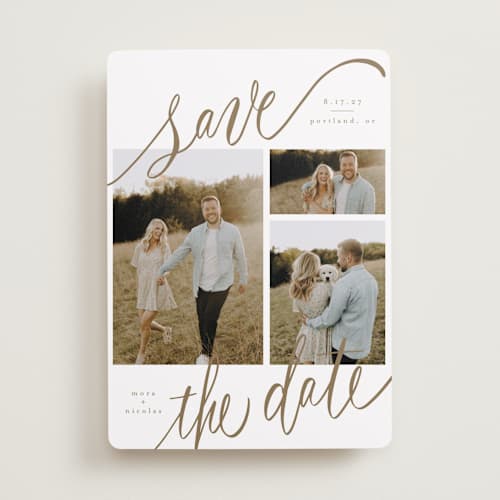This is a veil save the date with standard by Elsa Duncan called tri-photo happy holidays printing on recycled smooth signature in standard