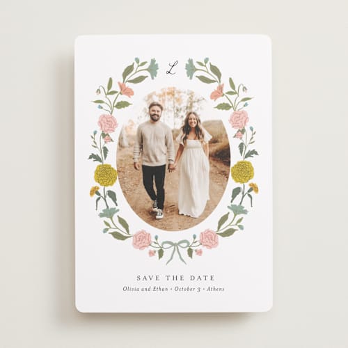 This is a swan save the date with standard by Lori Wemple called botanical cameo printing on recycled smooth signature in standard