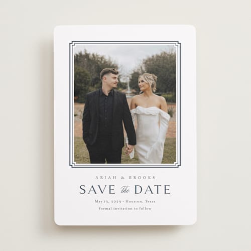 This is a french blue save the date with standard by Jennifer Postorino called ariah printing on recycled smooth signature in standard