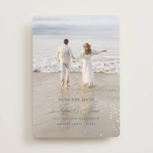 This is a blue mist save the date with standard by Design Lotus called amalfi blue printing on recycled smooth signature in standard