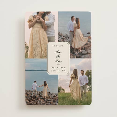 This is a cream save the date with standard by Ashley Iwafuchi called vintage wishes printing on recycled smooth signature in standard