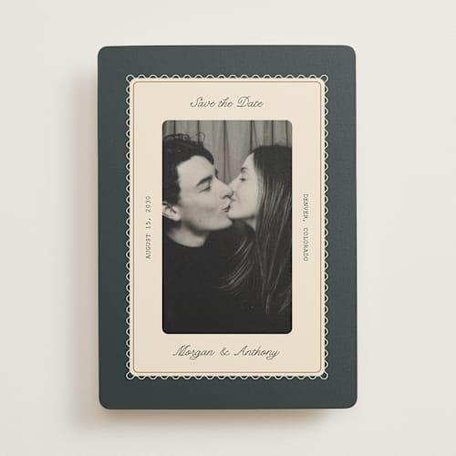 This is a emerald save the date with standard by Kate Ahn called bettie printing on recycled smooth signature in standard