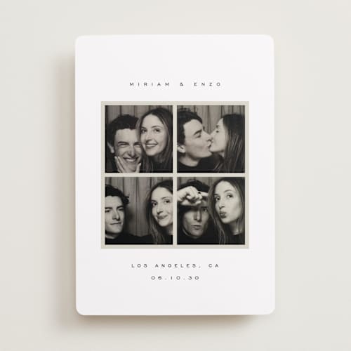 This is a powder save the date with standard by Emily Sabol Goss called snapped moments printing on recycled smooth signature in standard