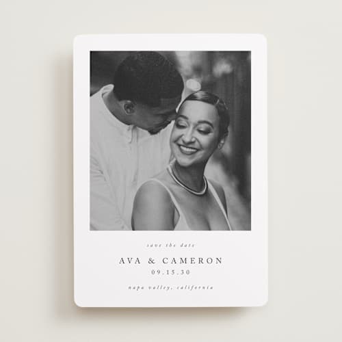 This is a onyx save the date with standard by Jennifer Postorino called simple elegance printing on recycled smooth signature in standard